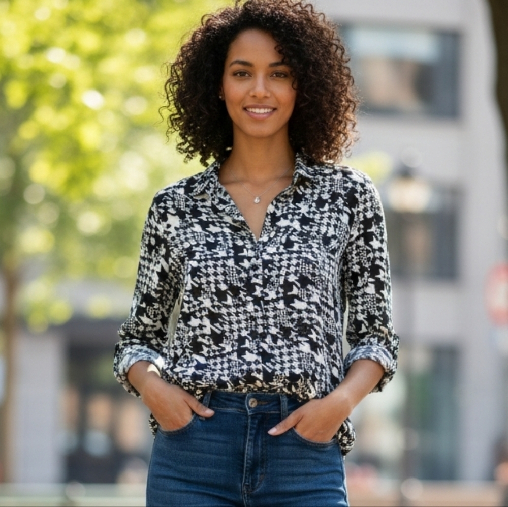{Chico’s} Black & White Houndstooth Print Blouse 3/4 Sleeve High Low Hem - Picture 1 of 15